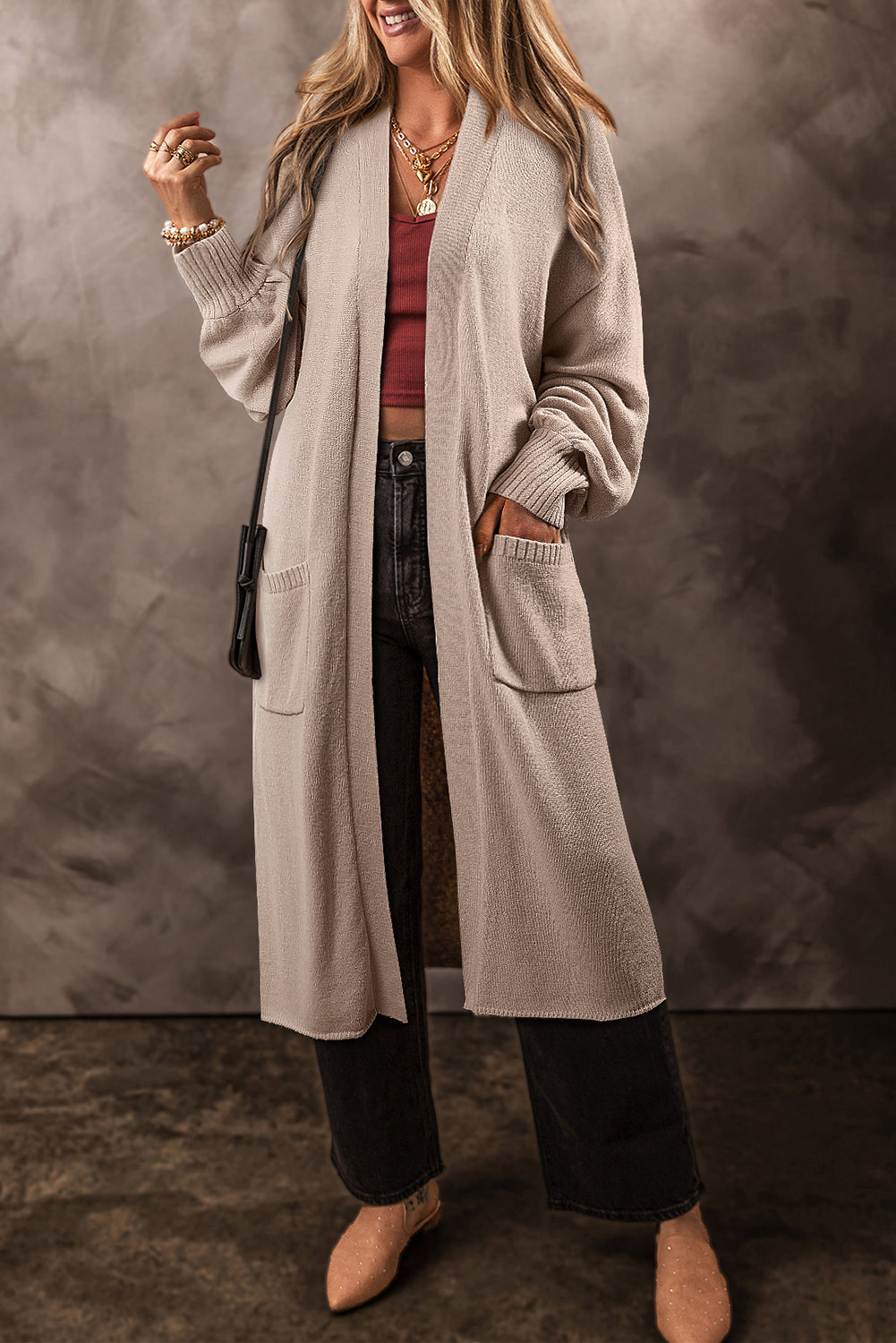 Beige Side Pockets Open Front Long Knitted Cardigan-Chaelisa's New Jammies