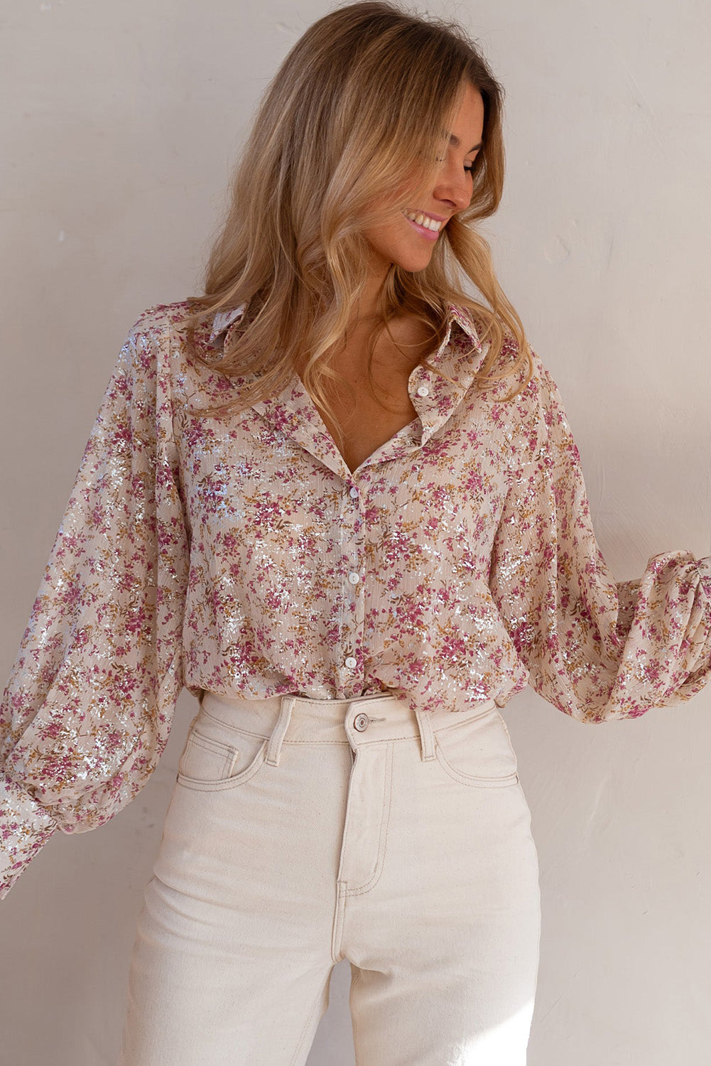 Pink Floral Print Bishop Sleeve Collared V Neck Shirt-Chaelisa's New Jammies