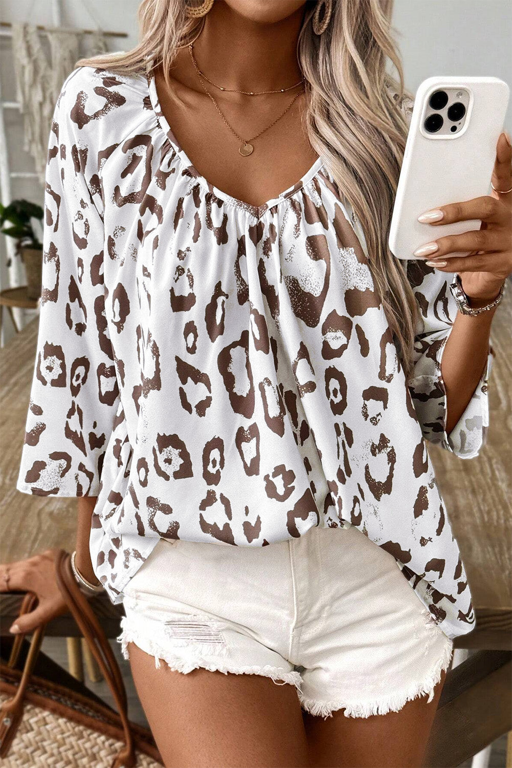 Khaki Leopard Print Ruched V Neck 3/4 Sleeve Blouse-Chaelisa's New Jammies