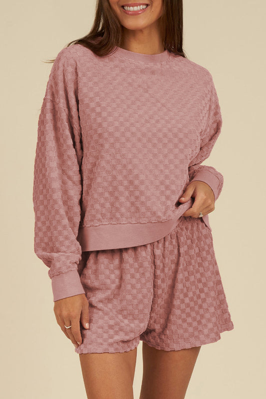Blossom Checkered Textured Long Sleeve Top and Shorts Set-Chaelisa's New Jammies