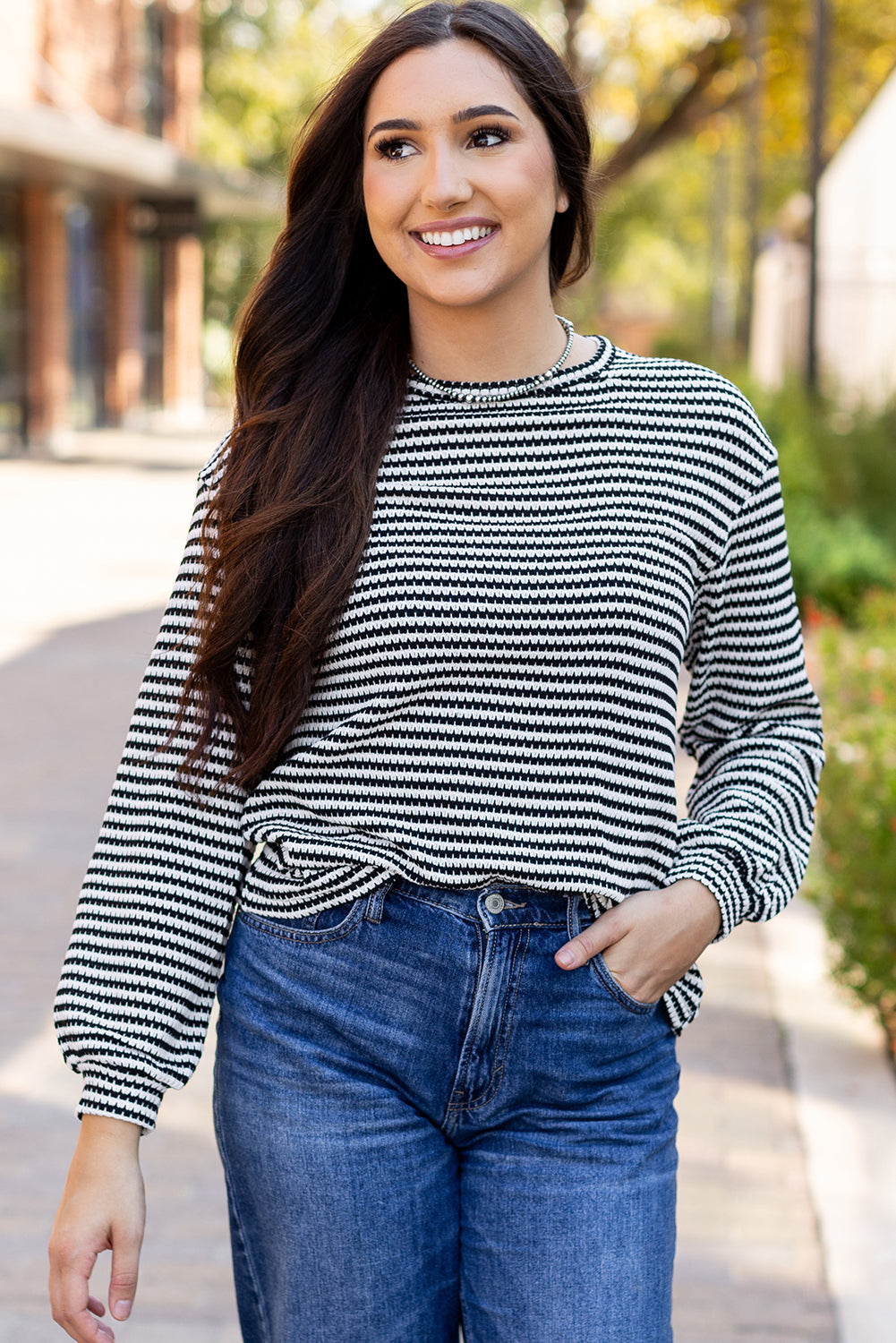 Black Stripe Round Neck Drop Shoulder Long Sleeve Top-Chaelisa's New Jammies