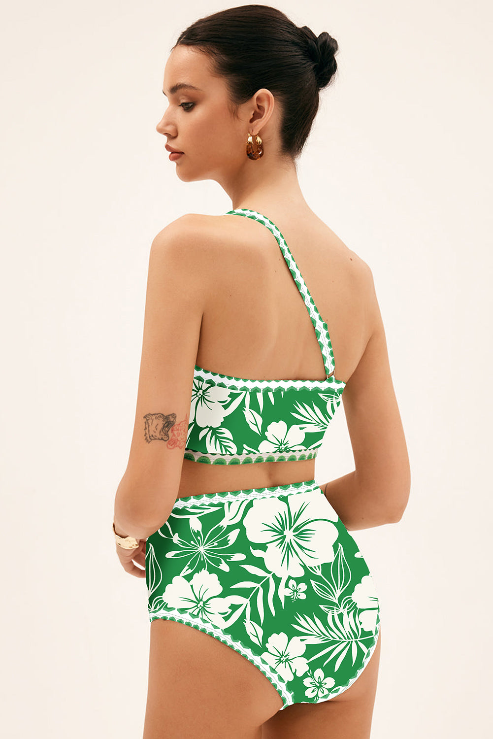 Green Floral Print One Shoulder High Waist Bikini Set-Chaelisa's New Jammies
