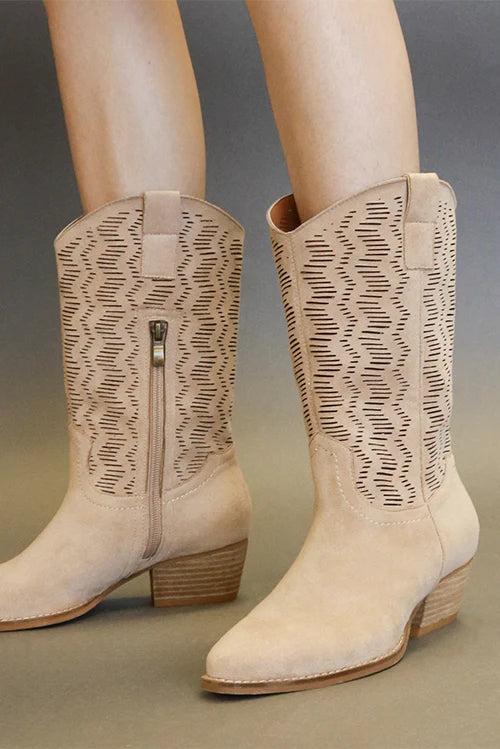 Beast Fashion Faux Suede Laser Cut Detail Block Heel Boots-Chaelisa's New Jammies
