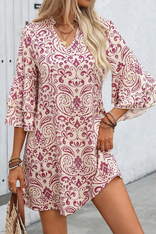 Pink Paisley Print Tiered 3/4 Sleeve Notched Neck Mini Dress-Chaelisa's New Jammies
