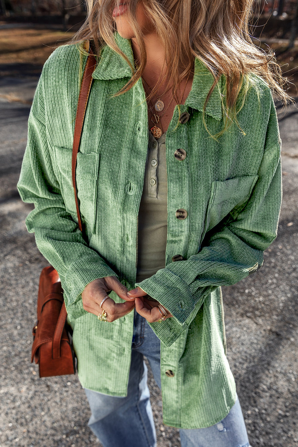 Mist Green Patched Pocket Button Up Corduroy Shacket-Chaelisa's New Jammies