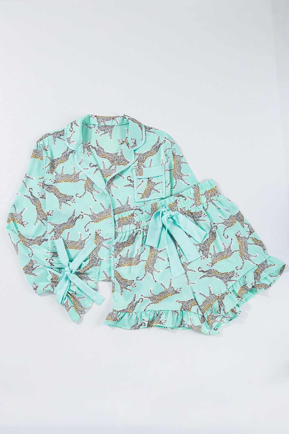 Green Leopard Satin Ruffle Pajama Short Set-Chaelisa's New Jammies