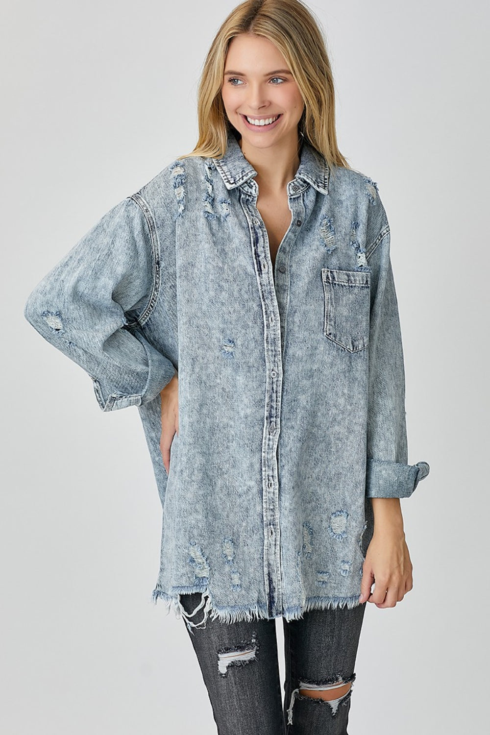 RISEN Distressed Raw Hem Denim Shirt-Chaelisa's New Jammies