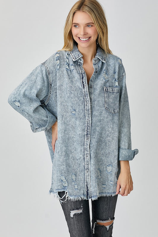 RISEN Distressed Raw Hem Denim Shirt-Chaelisa's New Jammies