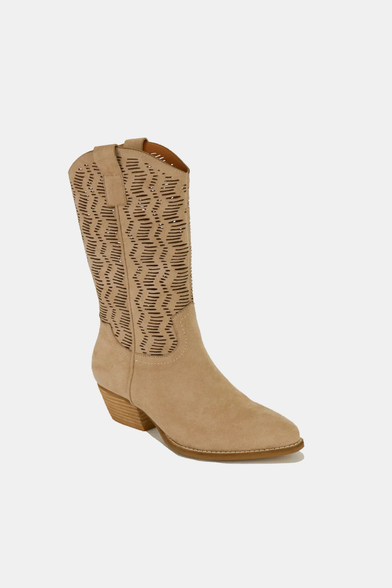 Beast Fashion Faux Suede Laser Cut Detail Block Heel Boots-Chaelisa's New Jammies