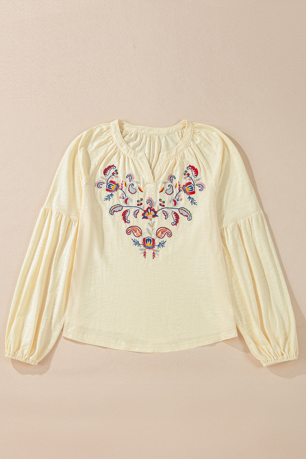 Apricot Paisley Floral Embroidered Notch V Neck Blouse-Chaelisa's New Jammies