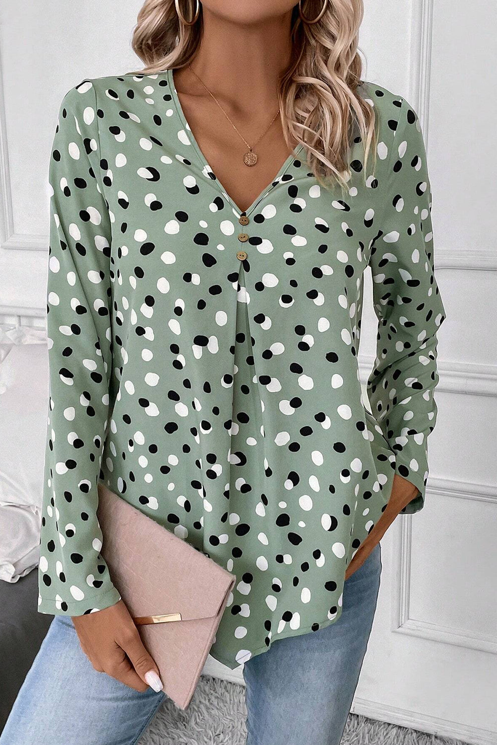 Green Polka Dot Print Button Front V Neck Blouse-Chaelisa's New Jammies