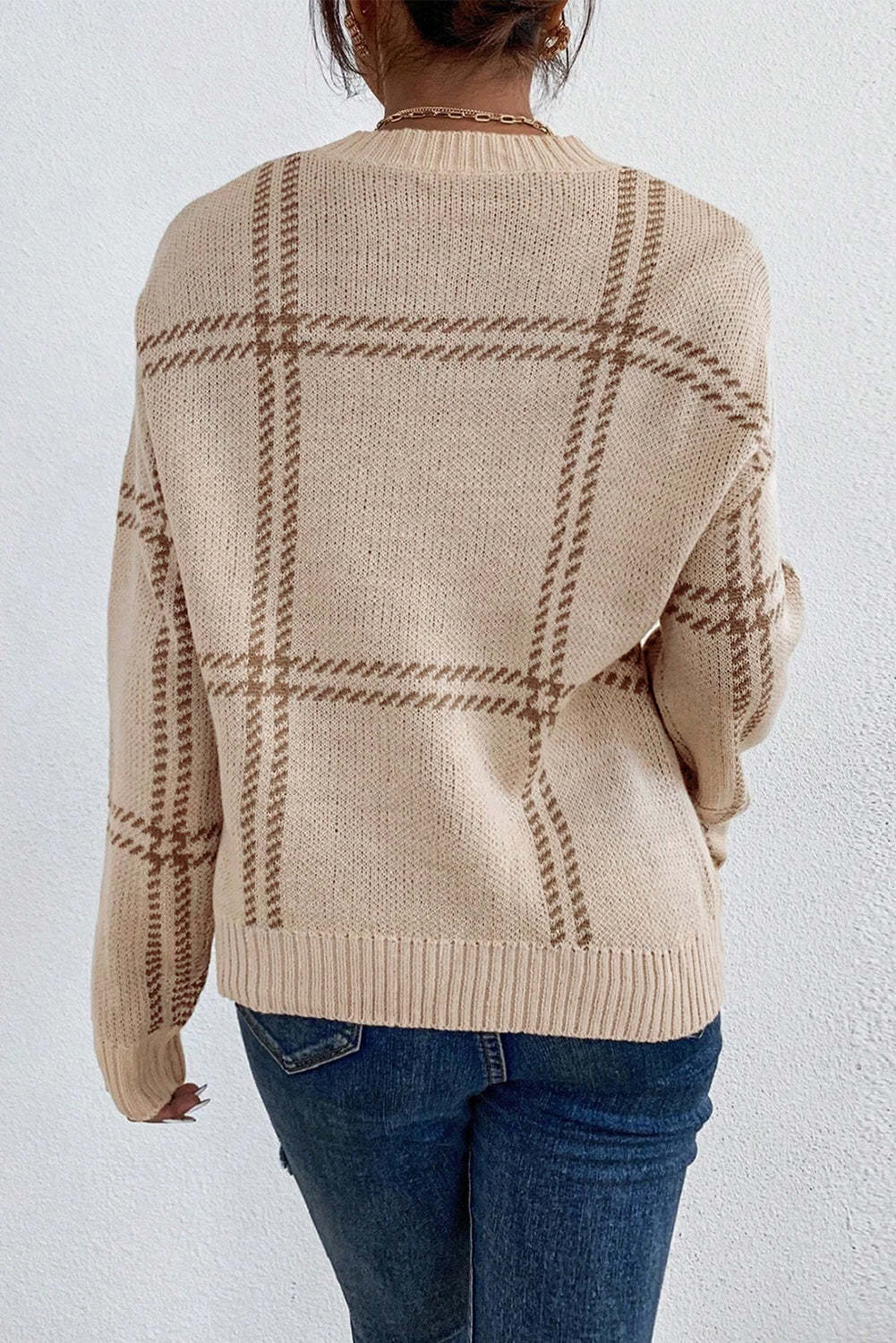 Khaki Plaid Pattern Knitted Drop Shoulder Sweater-Chaelisa's New Jammies