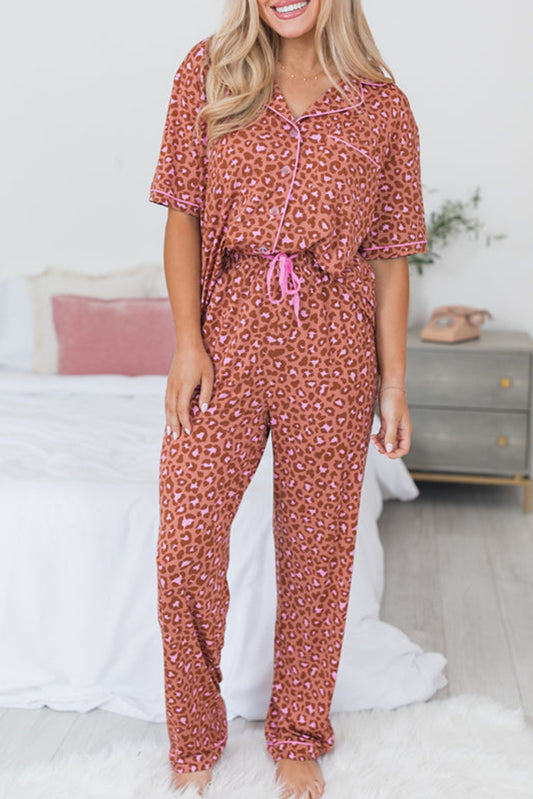 Brown Leopard Print Short Sleeve Shirt and Pants Pajamas Set-Chaelisa's New Jammies