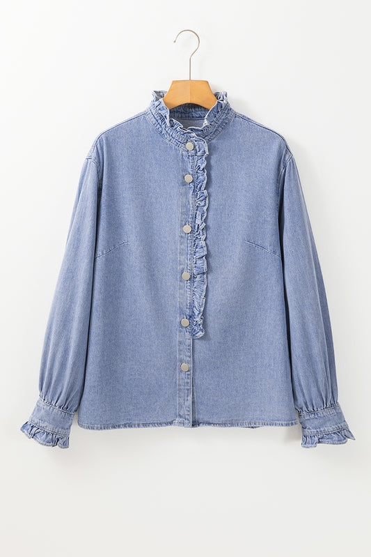 Beau Blue Ruffled Long Sleeve Buttoned Denim Shirt-Chaelisa's New Jammies