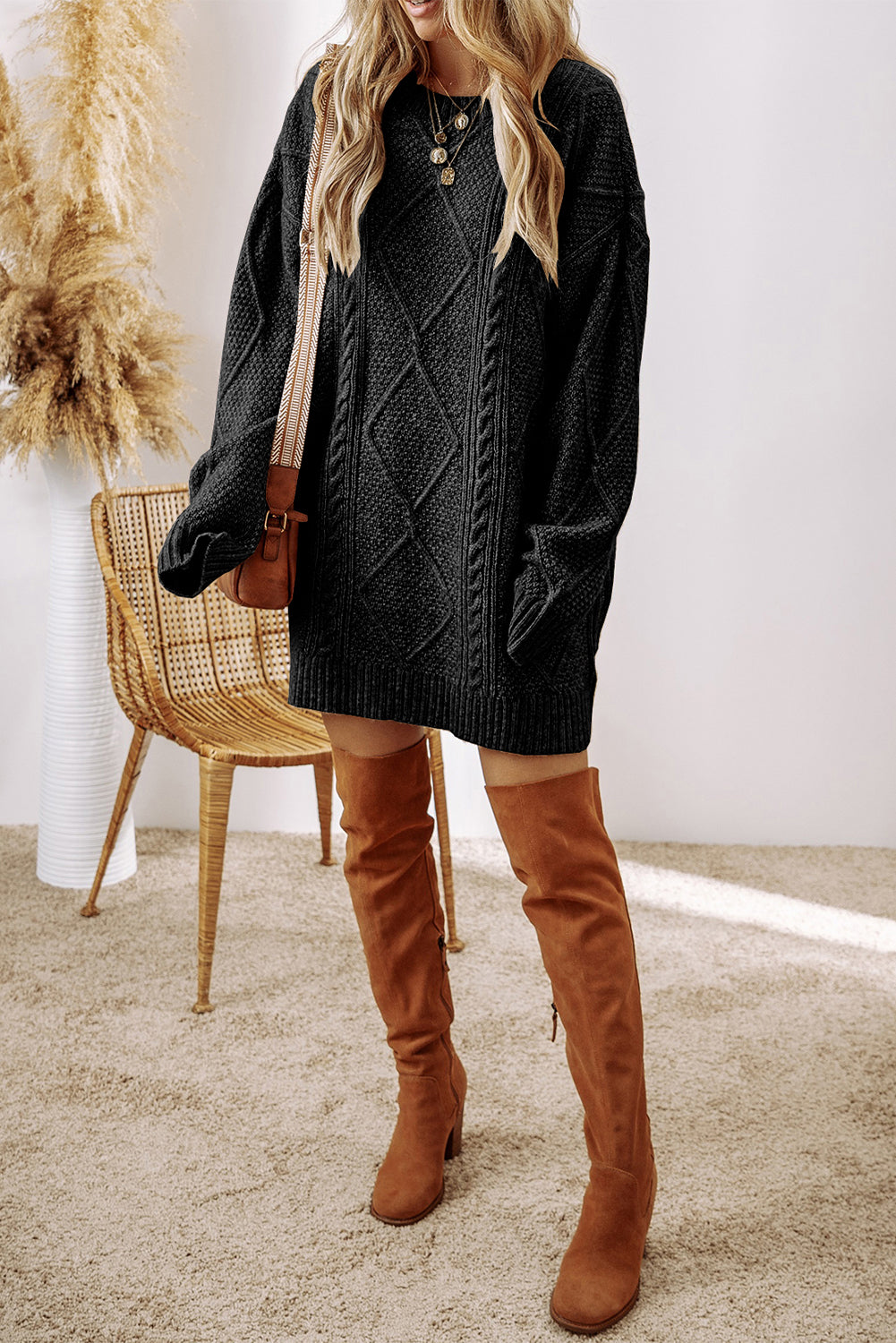 Black Cable Knit Drop Shoulder Loose Fit Sweater Dress-Chaelisa's New Jammies