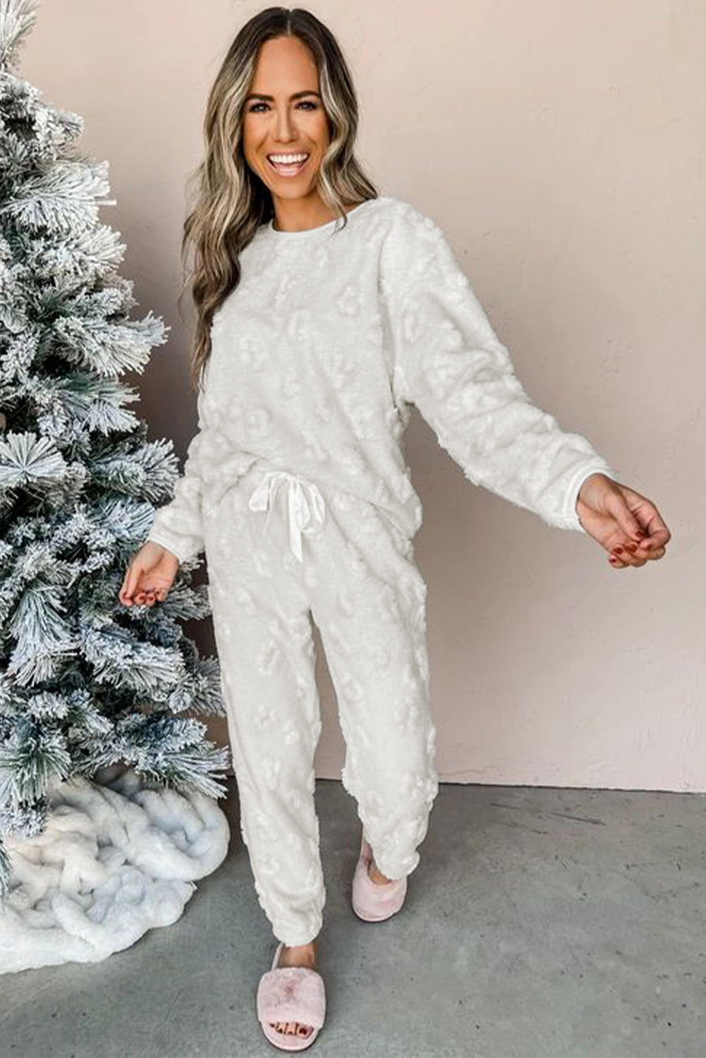 Light Grey Leopard Textured Loose Fit Fleece Lounge Set-Chaelisa's New Jammies