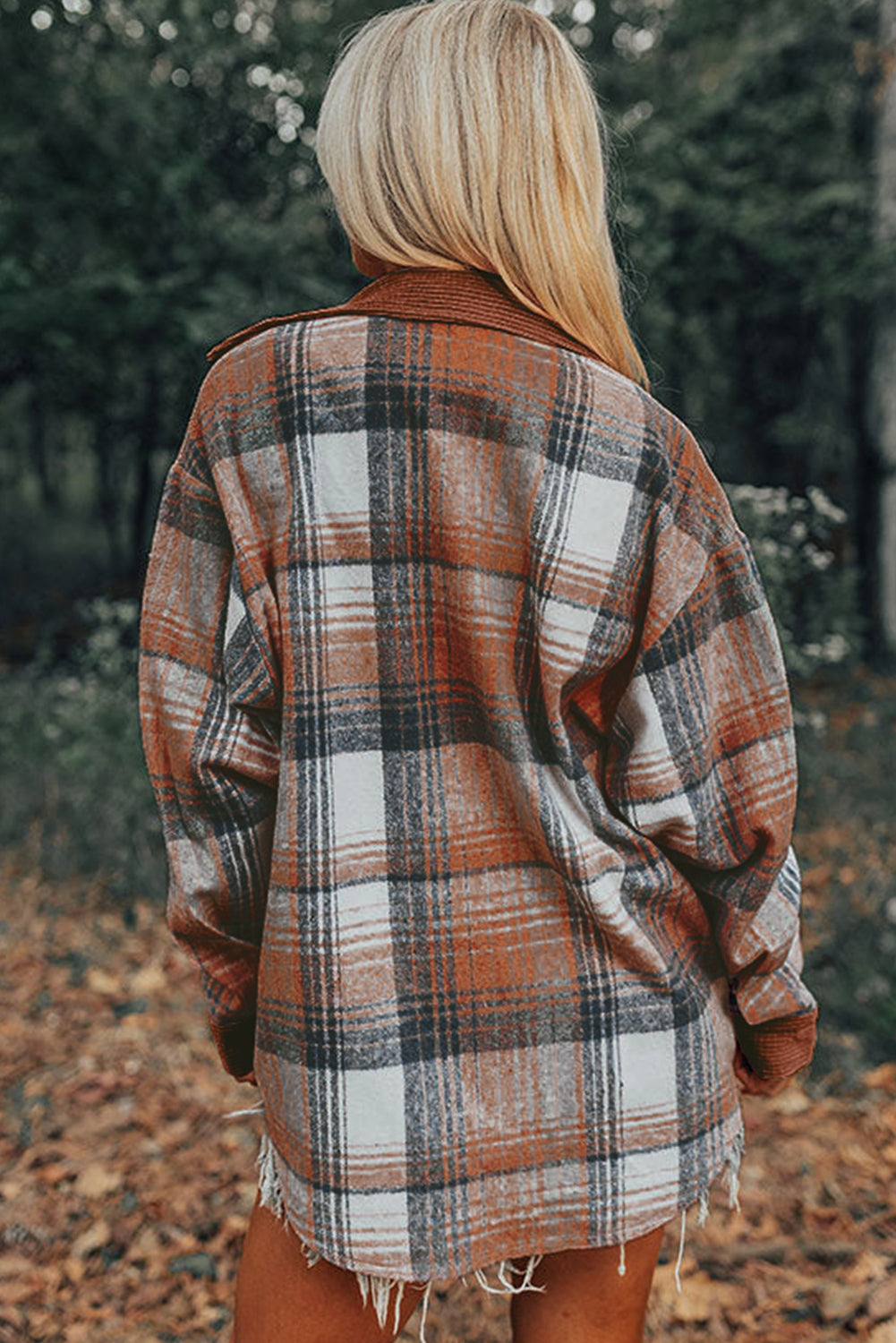 Cinnamon Plaid Corduroy Patchwork Chest Pocket Shacket-Chaelisa's New Jammies