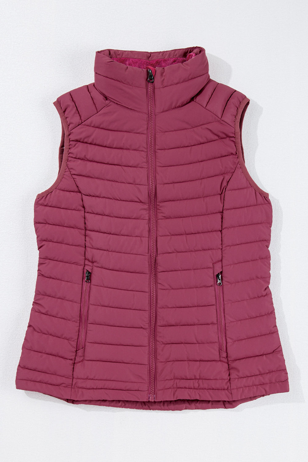 Burgundy Plush Collared Quilted Zipped Puffer Vest-Chaelisa's New Jammies