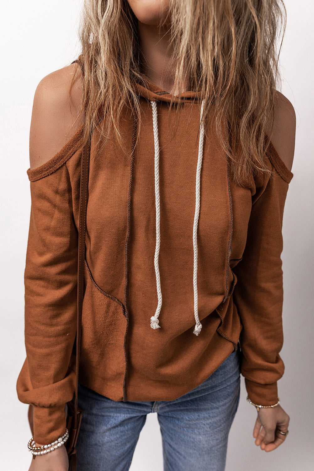 Cinnamon Exposed Seam Cold Shoulder Drawstring Hoodie-Chaelisa's New Jammies