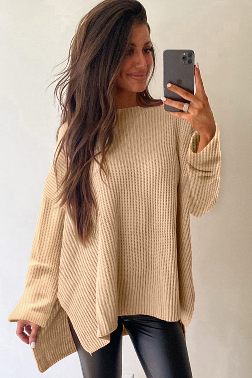 Apricot Cable Knit Drop Shoulder Side Slits Loose Sweater-Chaelisa's New Jammies