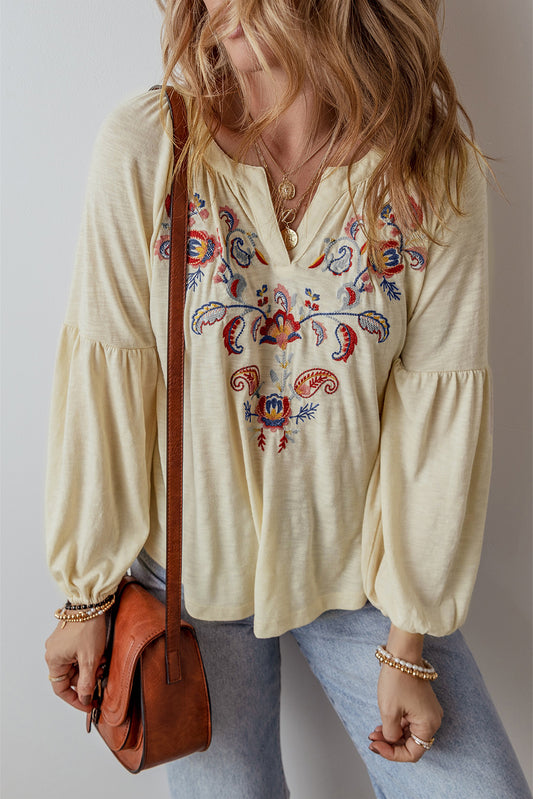 Apricot Paisley Floral Embroidered Notch V Neck Blouse-Chaelisa's New Jammies