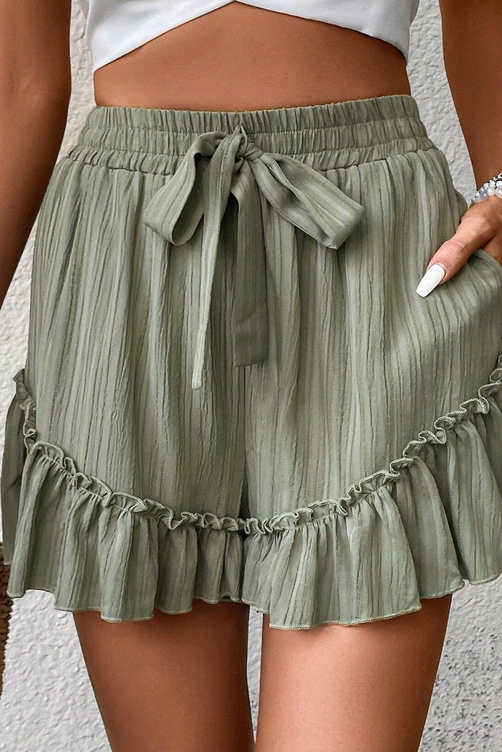 Laurel Green Textured Tie Waist Ruffle Hem Shorts-Chaelisa's New Jammies