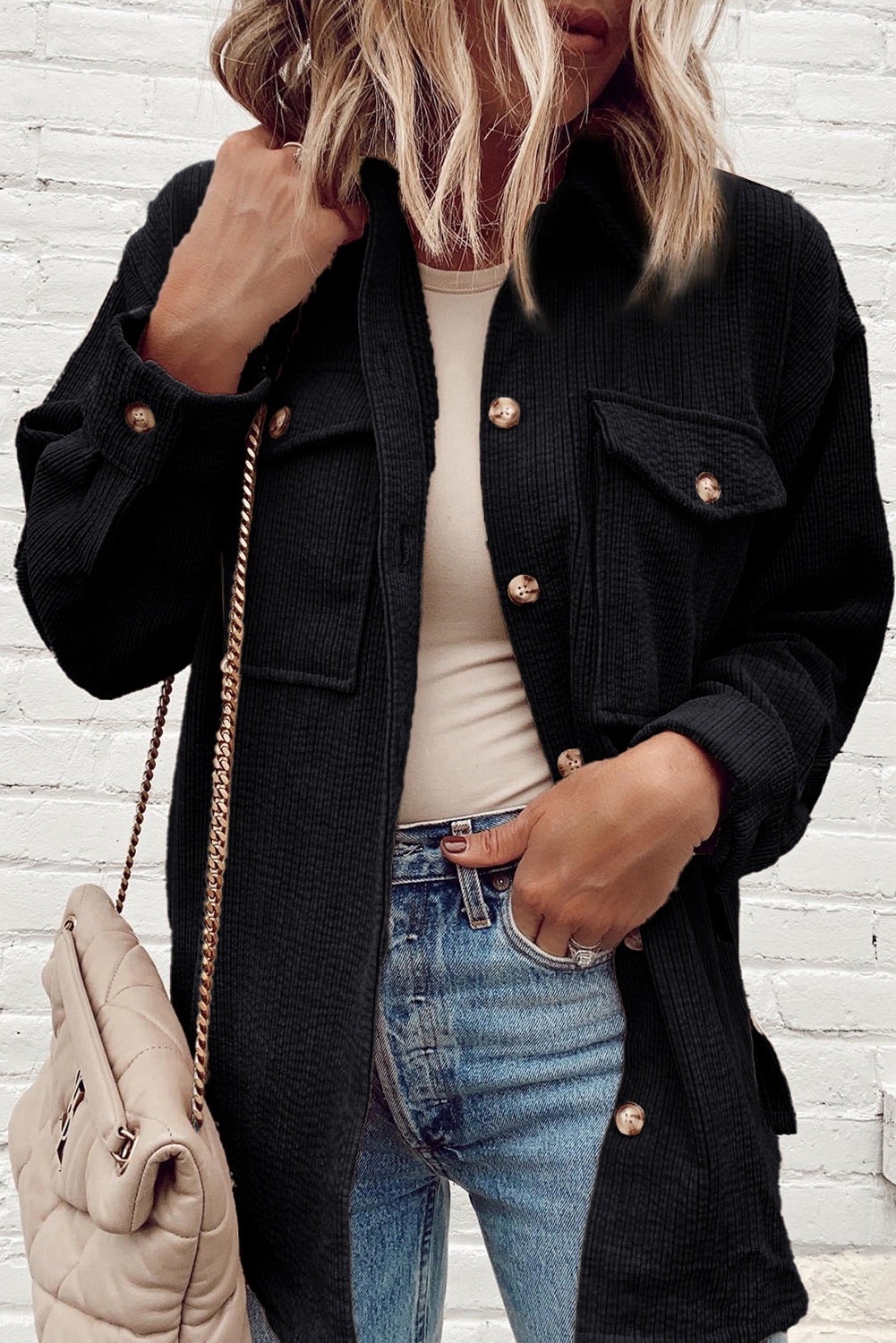 Black Corduroy Flap Pocket Button Up Shacket-Chaelisa's New Jammies