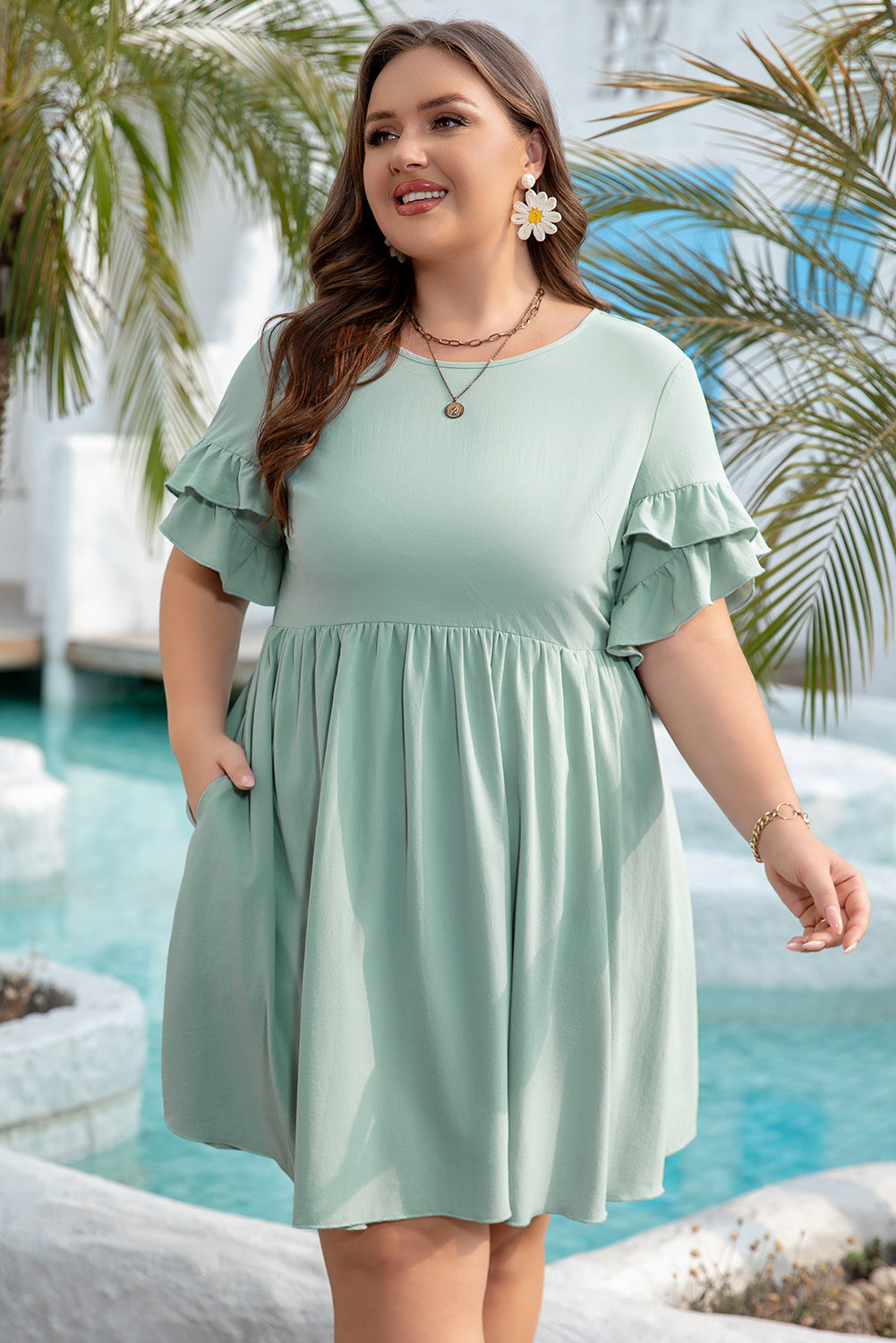 Grass Green Ruffle Trim Short Sleeve Plus Size Flared Mini Dress-Chaelisa's New Jammies