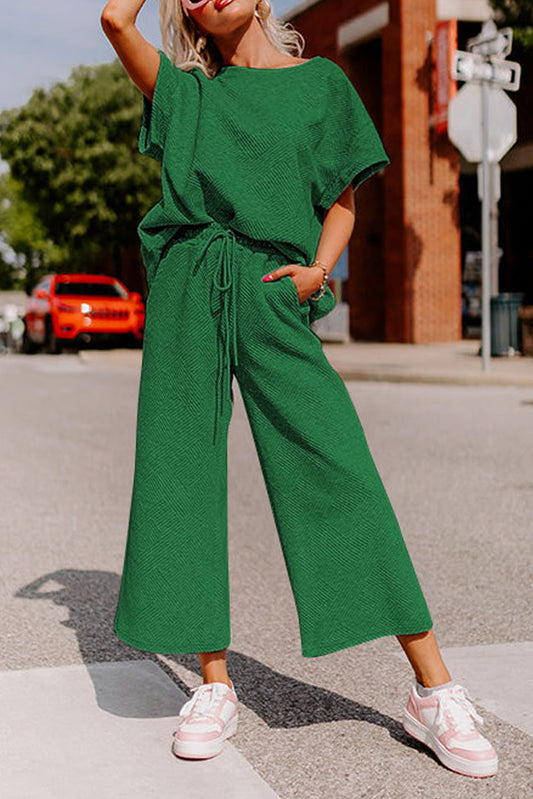 Dark Green Textured Loose Fit T Shirt and Drawstring Pants Set-Chaelisa's New Jammies