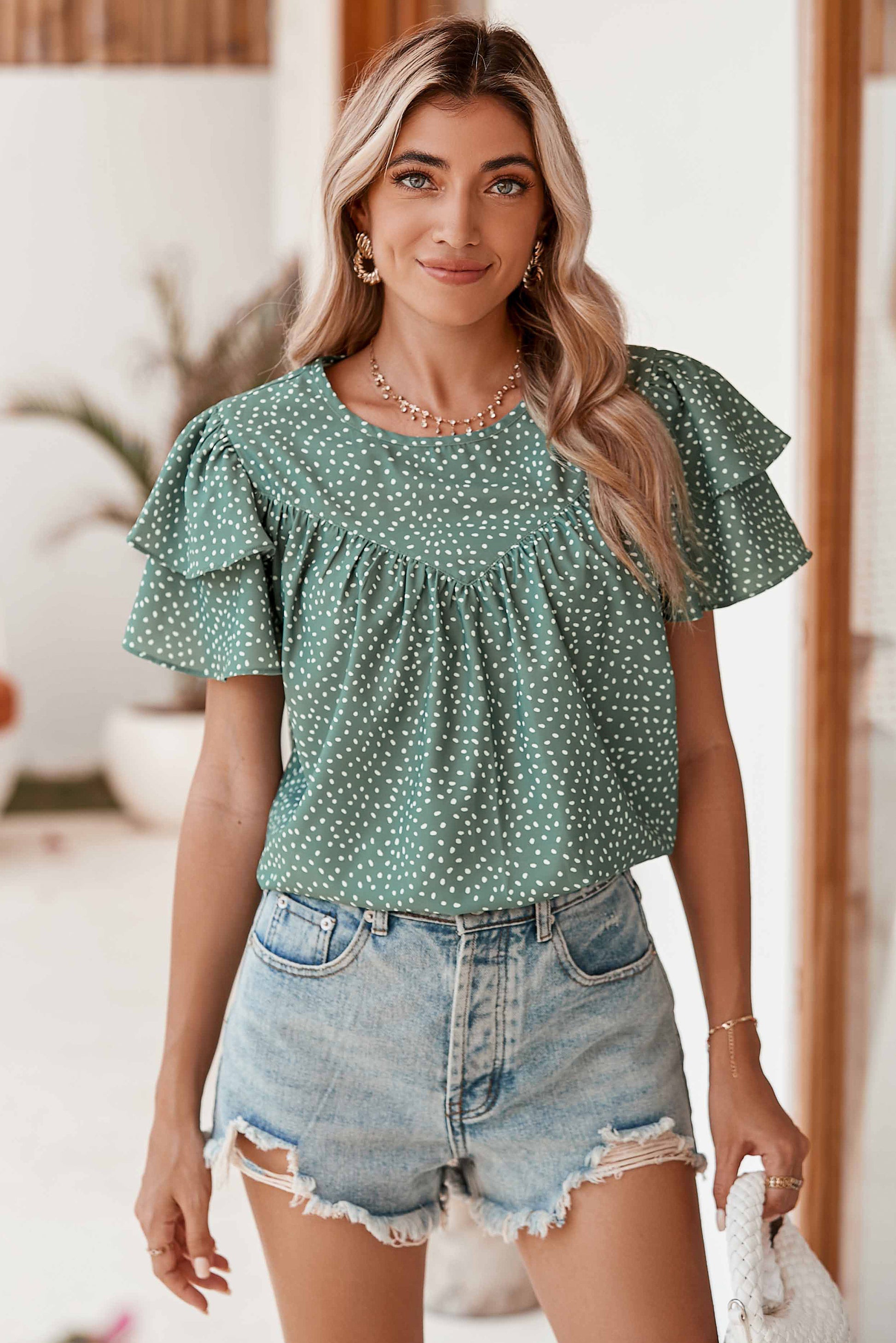 Laurel Green Spotted Print Pleated Ruffle Sleeve Blouse-Chaelisa's New Jammies