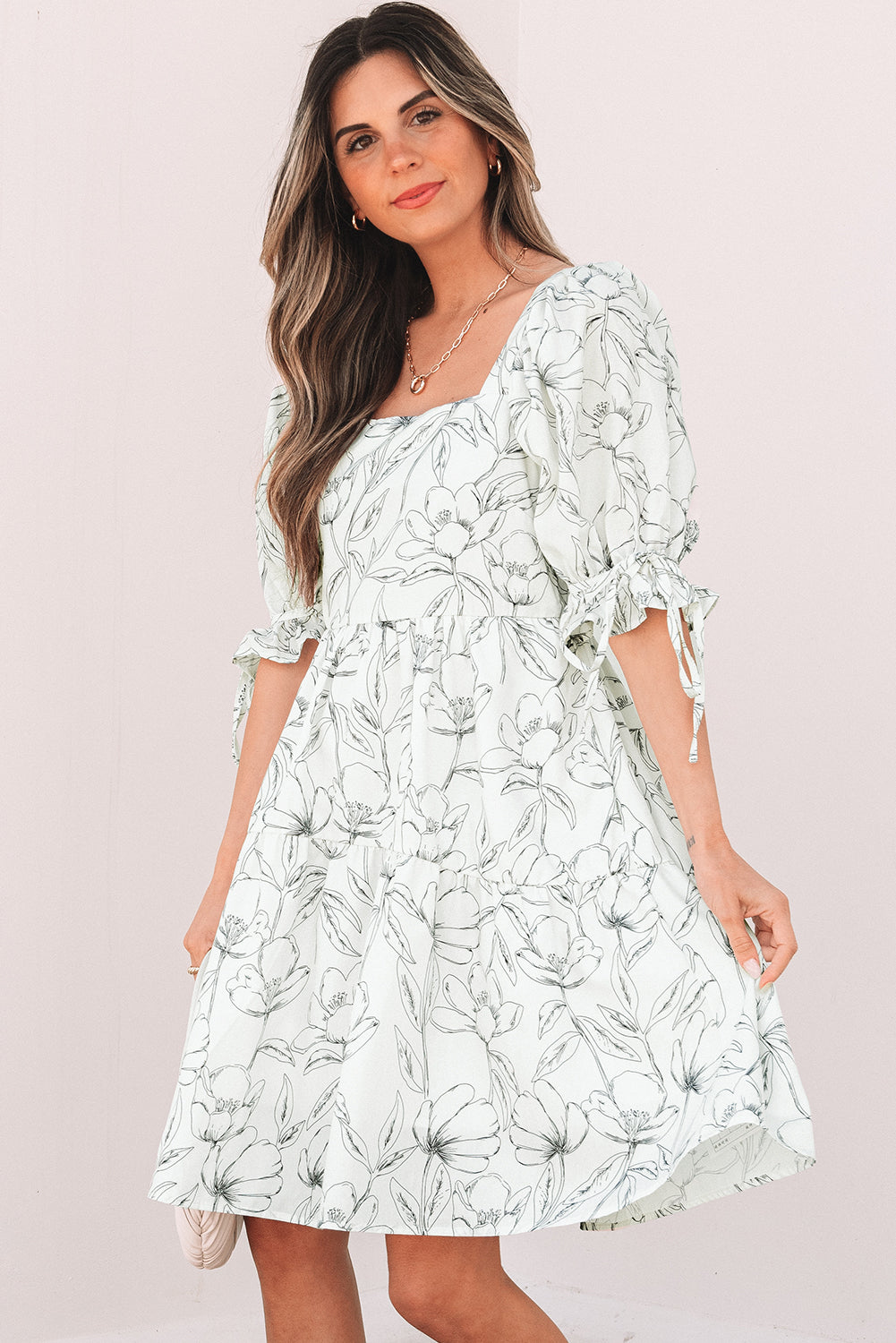 Beige Floral Print Square Neck Shirred Back Puff Sleeve Mini Dress-Chaelisa's New Jammies