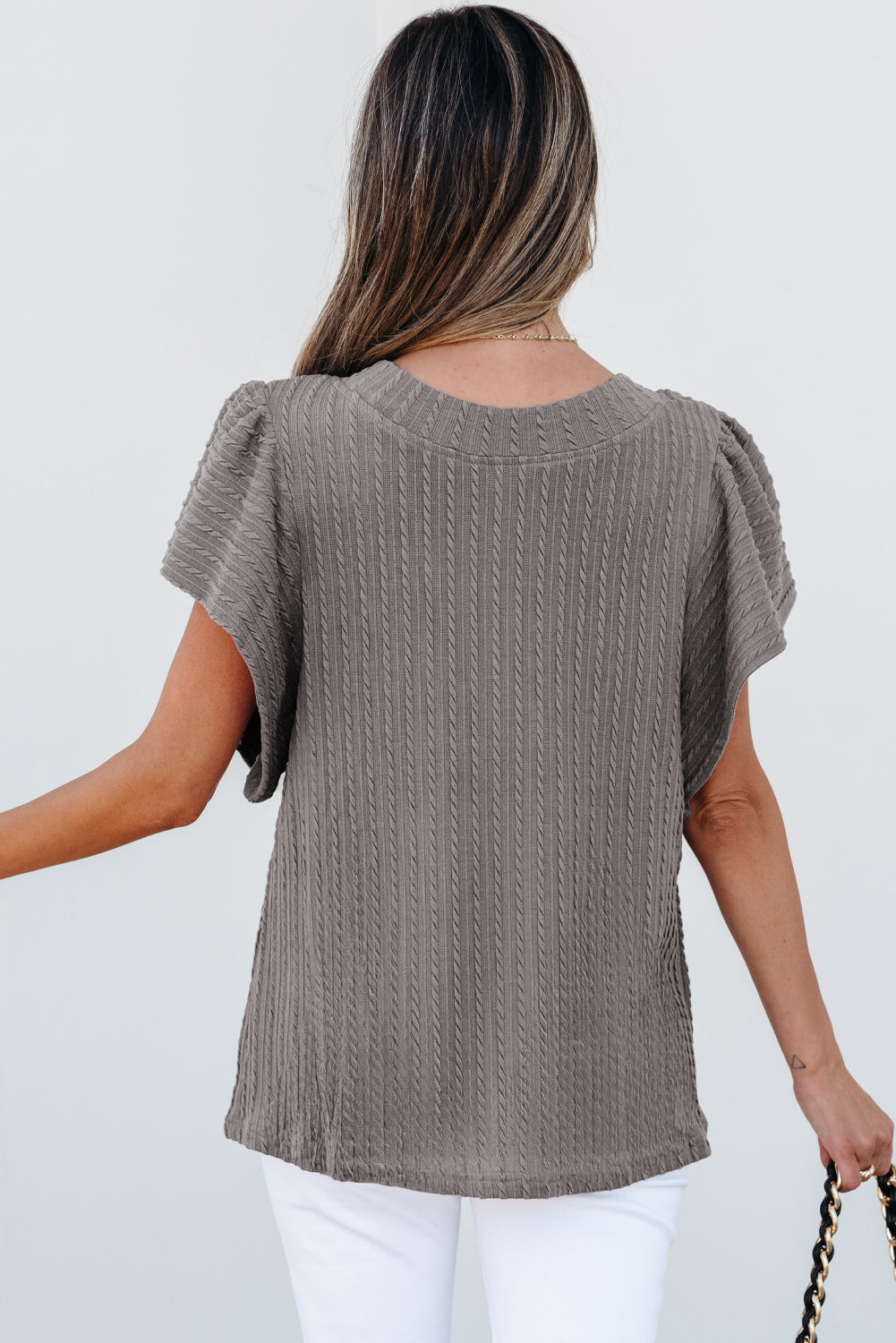 Sleet Solid Color Textured Flutter Sleeve Top-Chaelisa's New Jammies