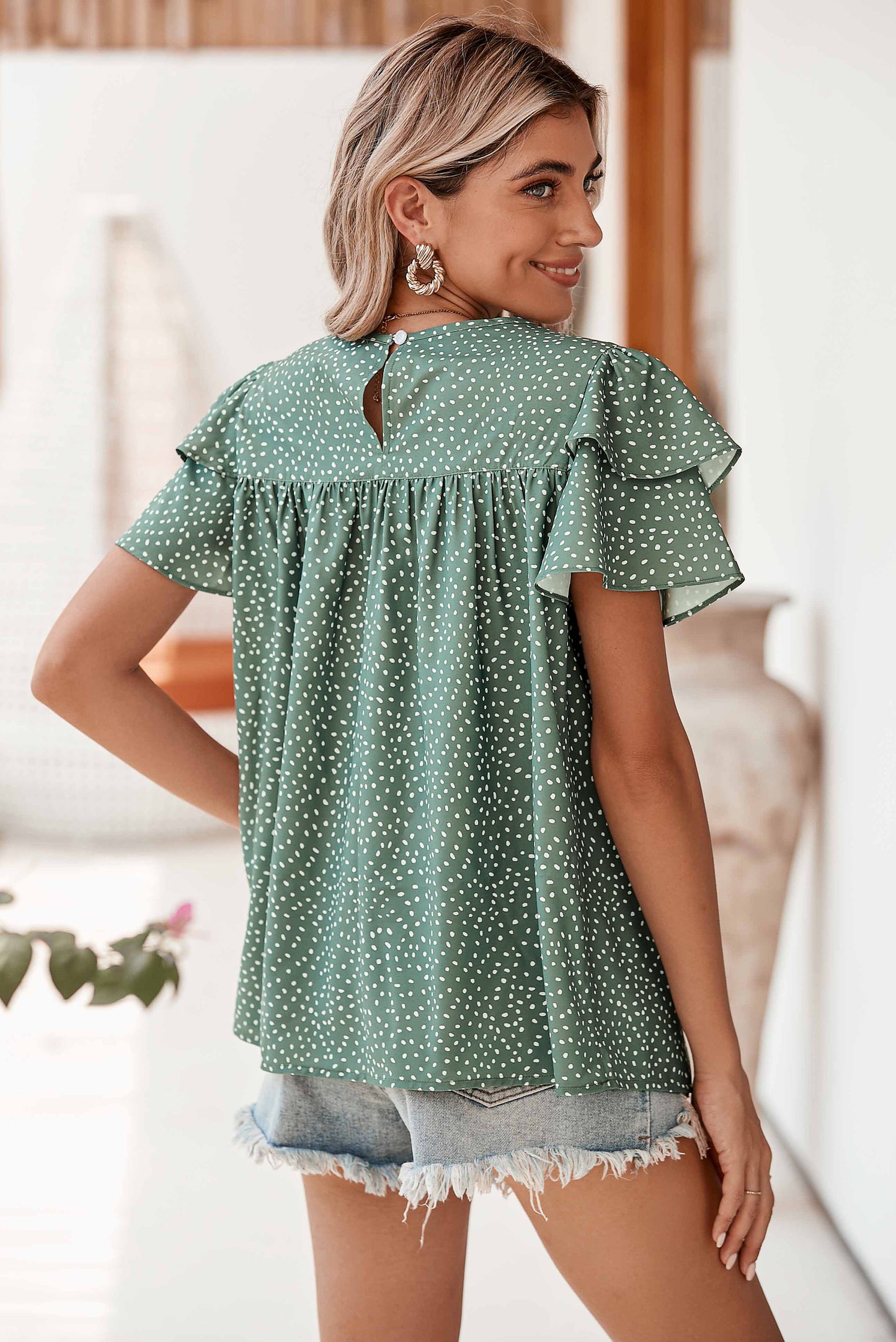 Laurel Green Spotted Print Pleated Ruffle Sleeve Blouse-Chaelisa's New Jammies