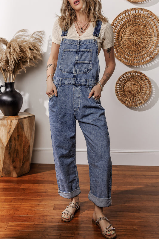 Sail Blue Denim Bib Straight Leg Jumpsuit with Pockets-Chaelisa's New Jammies