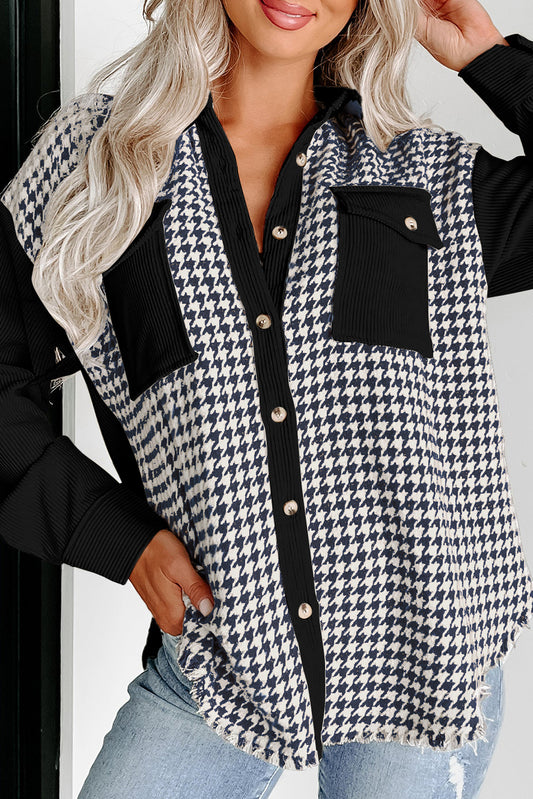 Black Houndstooth Corduroy Patchwork Flap Pocket Shacket-Chaelisa's New Jammies