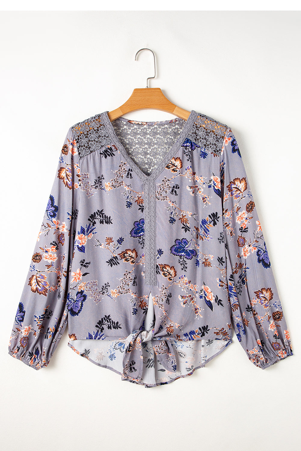 Sky Blue Floral Print Lace Patchwork Knot Front V Neck Blouse-Chaelisa's New Jammies