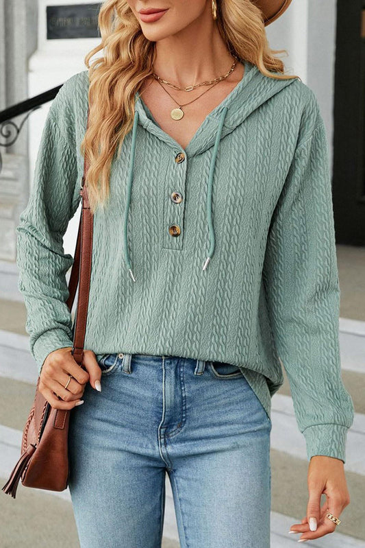 Mint Green Button Front Textured Drawstring Hooded Long Sleeve Top-Chaelisa's New Jammies