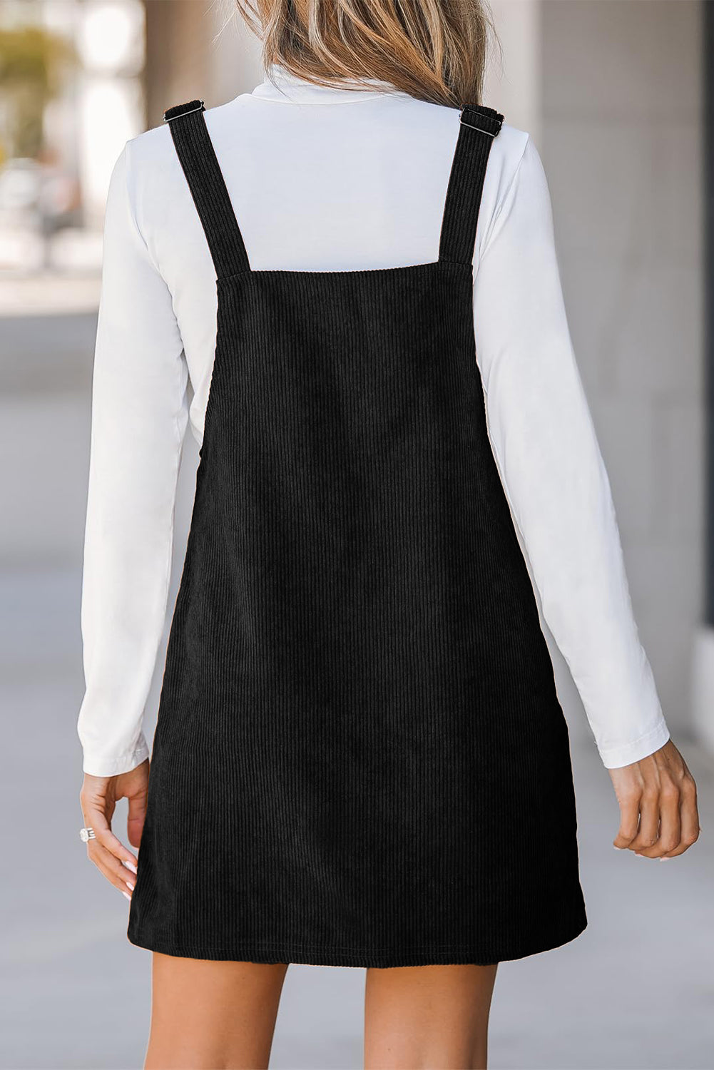 Black Solid Front Pockets Sleeveless Corduroy Overall Dress-Chaelisa's New Jammies
