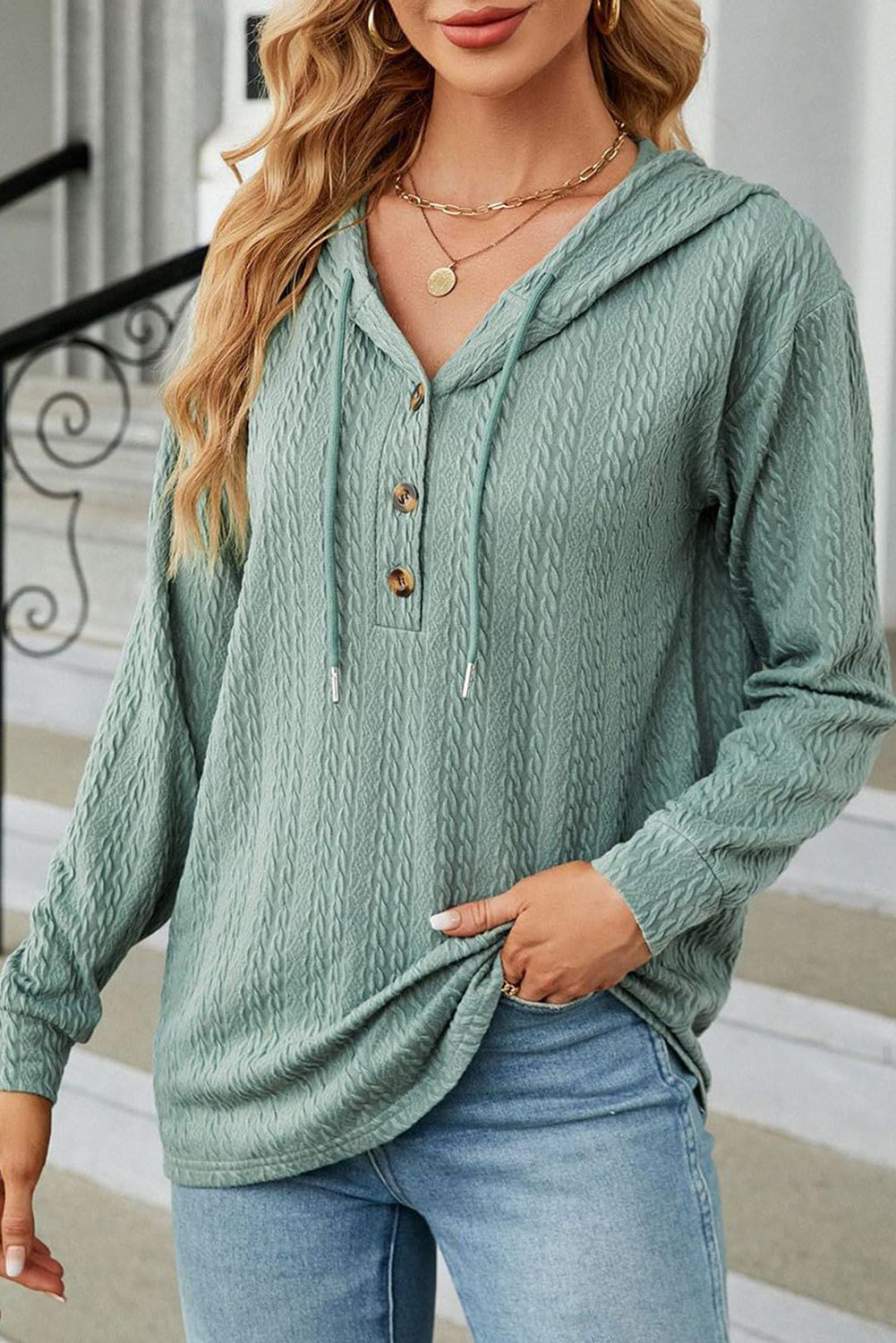 Mint Green Button Front Textured Drawstring Hooded Long Sleeve Top-Chaelisa's New Jammies