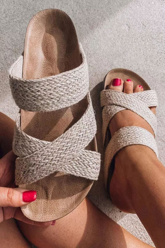 Beige Woven Cross Criss Hollowed Slip-On Slippers-Chaelisa's New Jammies
