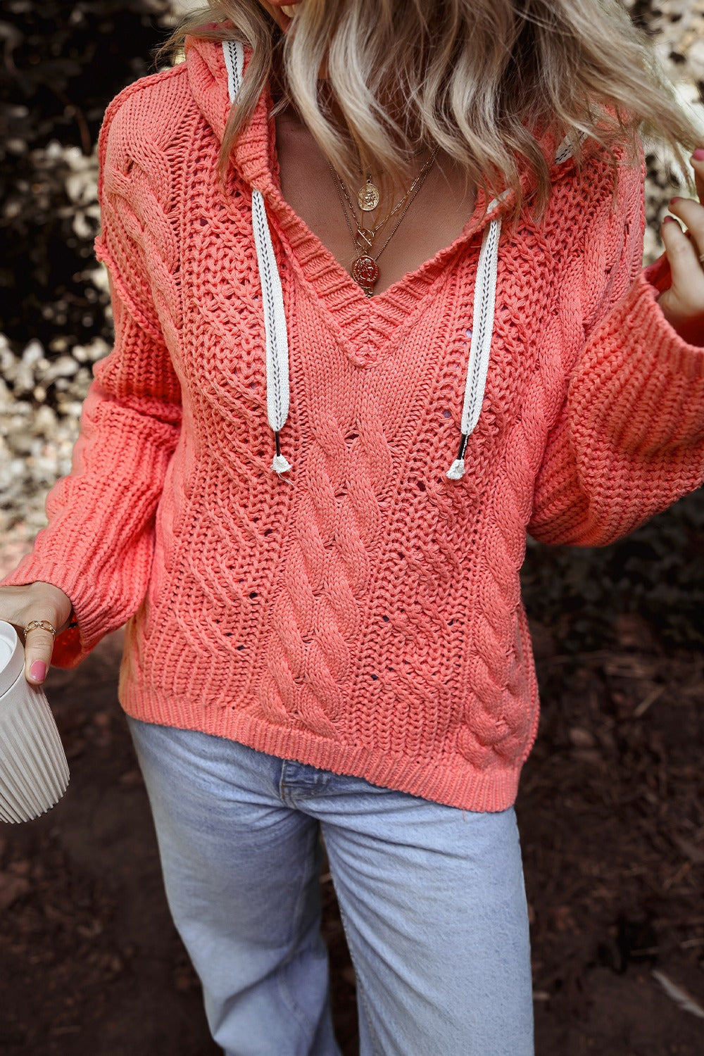 Drawstring Cable-Knit Hooded Sweater-Chaelisa's New Jammies