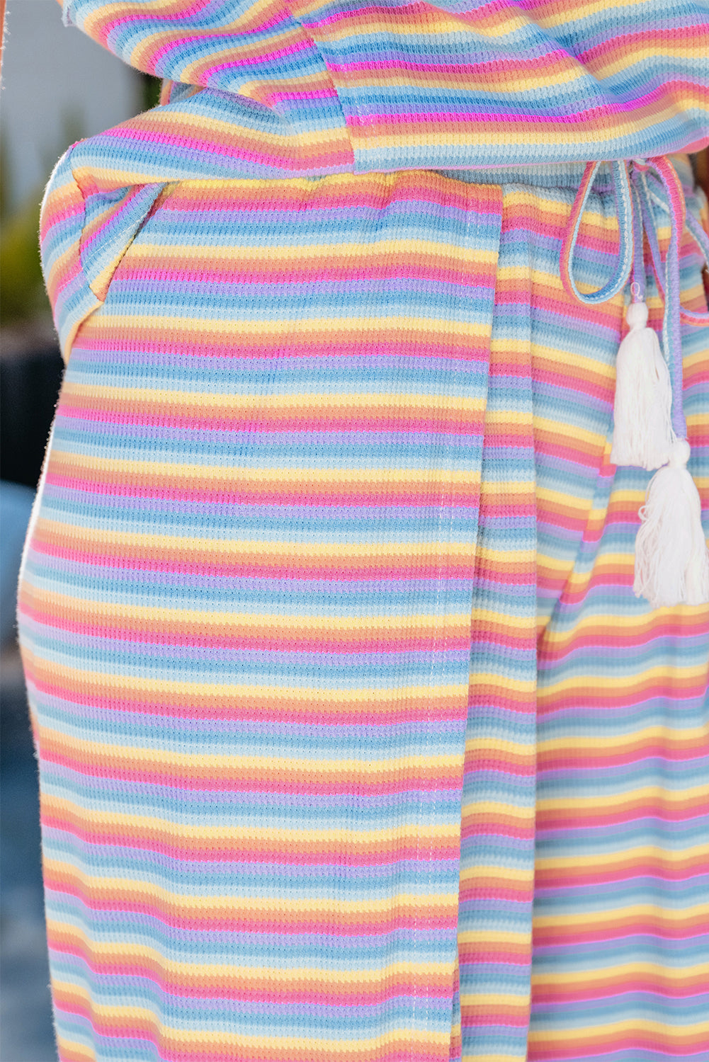 Pink Stripe Rainbow Tee Tasseled String Wide Leg Pants Set-Chaelisa's New Jammies