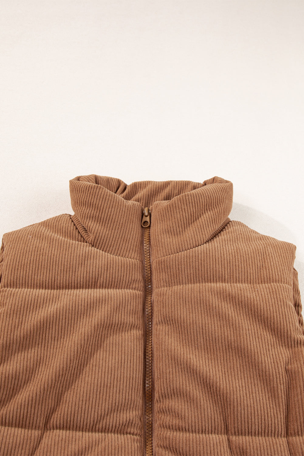 Coffee Corduroy Stand Neck Zipped Puffer Vest-Chaelisa's New Jammies