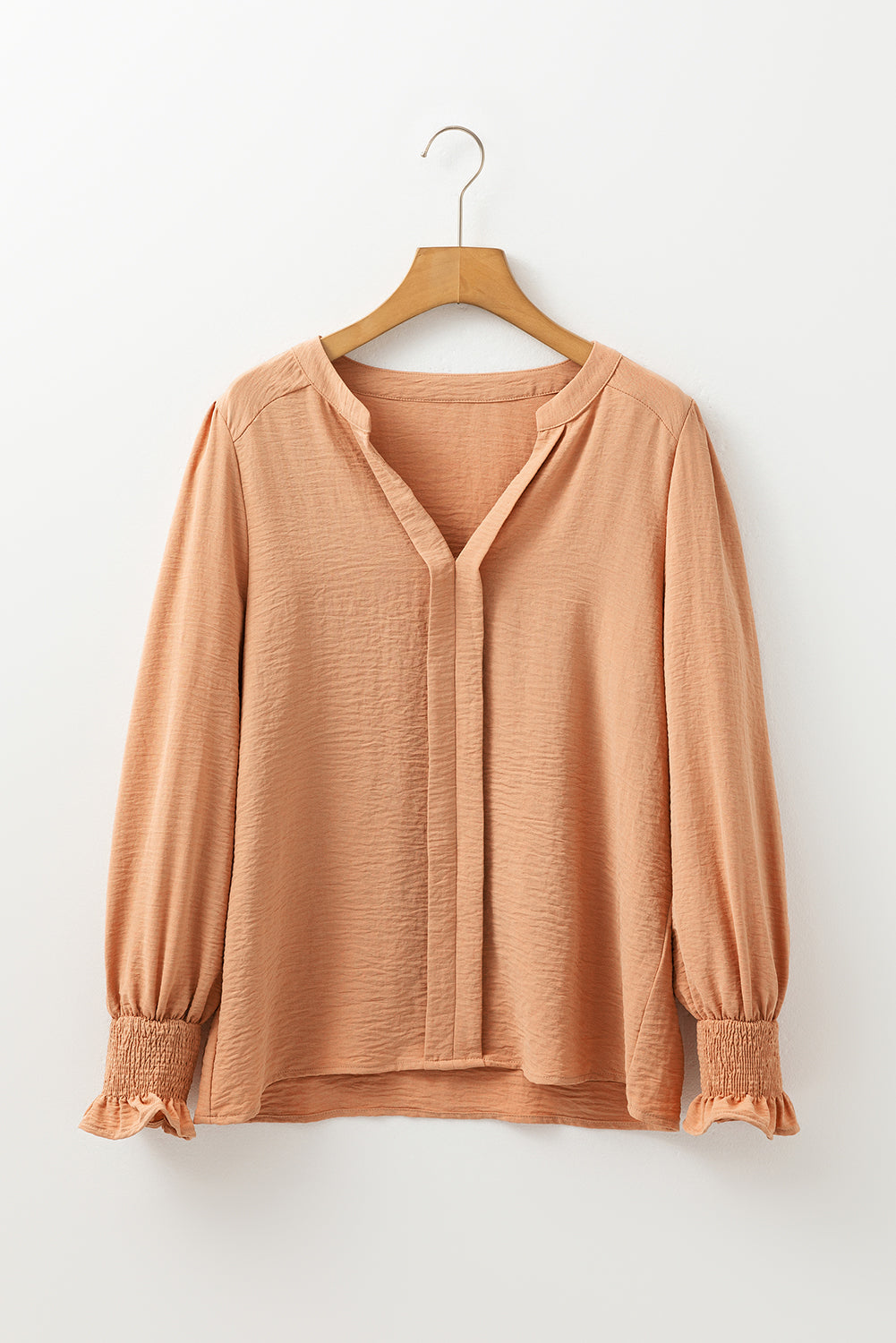 Straw Yellow Solid Color Shirred Cuff Notch V Neck Blouse-Chaelisa's New Jammies