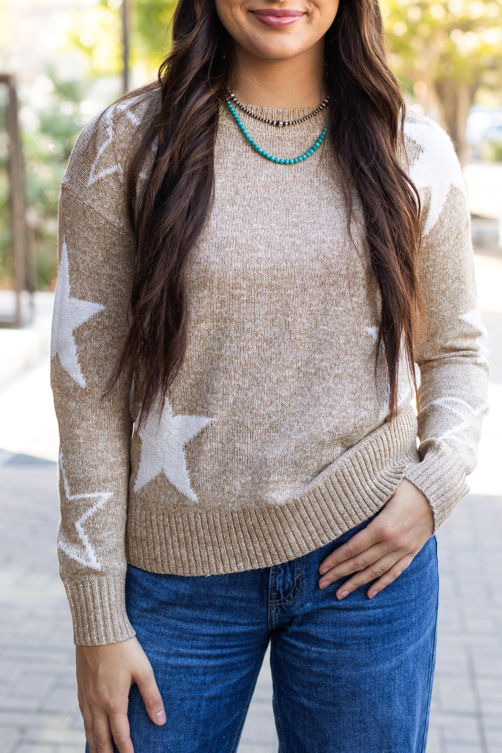 Khaki Star Pattern Drop Shoulder Sweater-Chaelisa's New Jammies