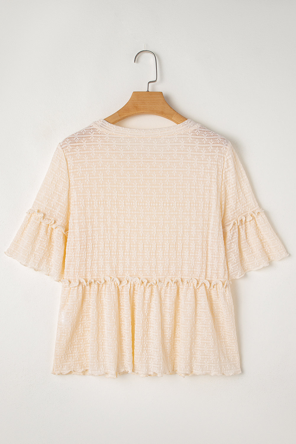 Beige Solid Color Textured Ruffled Short Sleeve Blouse-Chaelisa's New Jammies