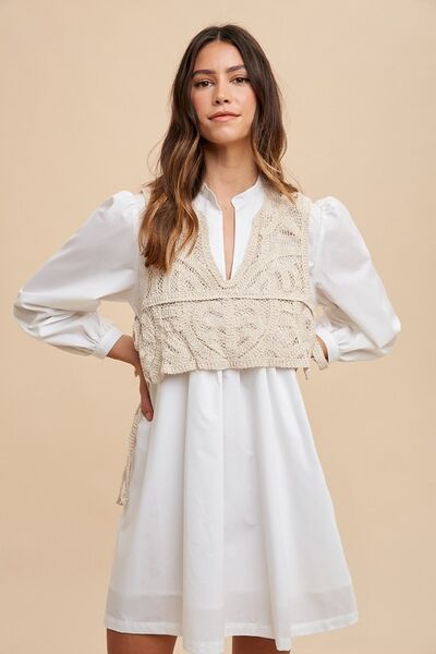 Annie Wear Crochet Vest Notched Long Sleeve Shirt Dress-Chaelisa's New Jammies