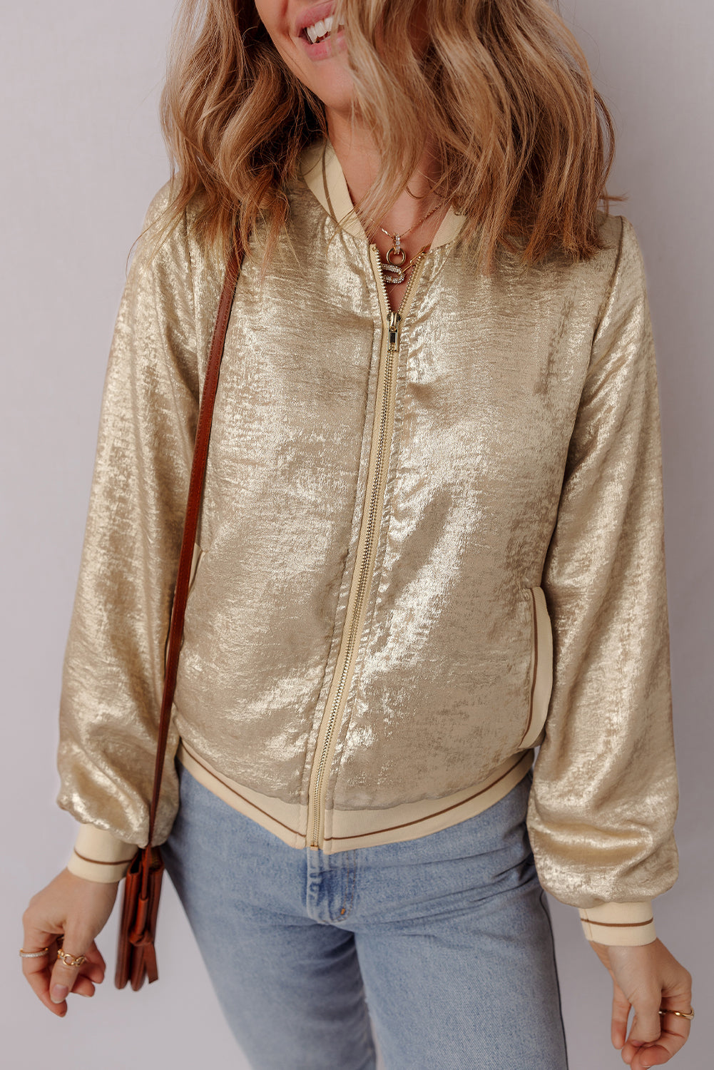 Pale Khaki Metallic Zip up Baseball Jacket-Chaelisa's New Jammies