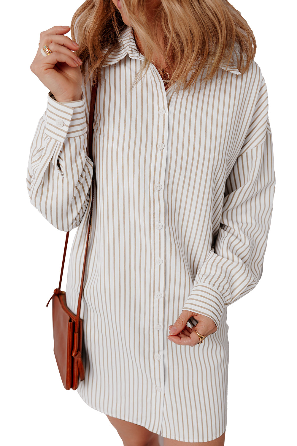 Khaki Stripe Long Sleeve Button Up Mini Shirt Dress-Chaelisa's New Jammies