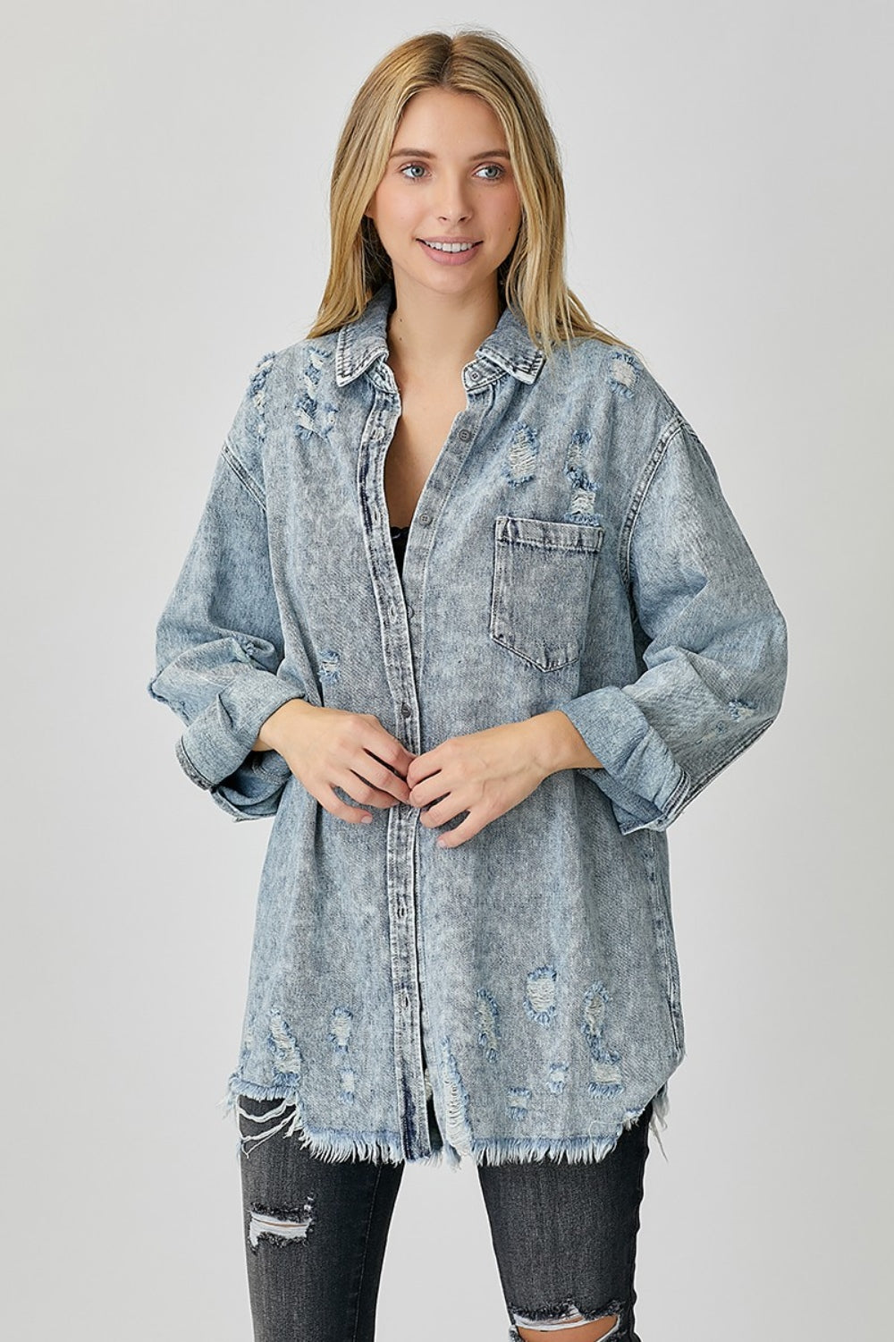 RISEN Distressed Raw Hem Denim Shirt-Chaelisa's New Jammies